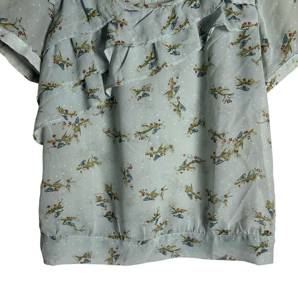 Freebird Light Blue Sheer Floral Bird Ruffled Short Sleeve Blouse Size S - Picture 3 of 8